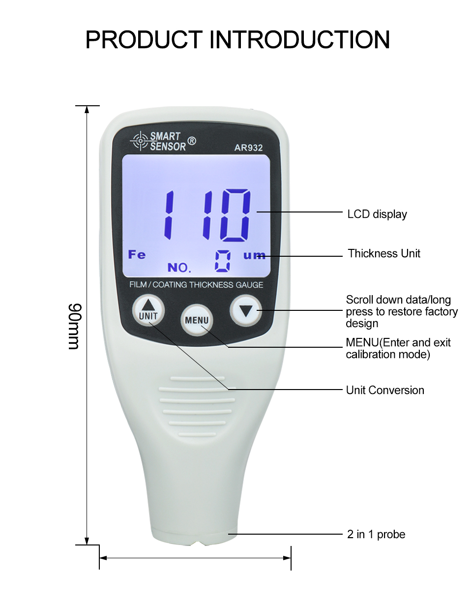 Paint Thickness Gauge - Hedao AR932 車の塗装メーター デジタルコーティング厚さ計 LCDバックライト付き データ保存