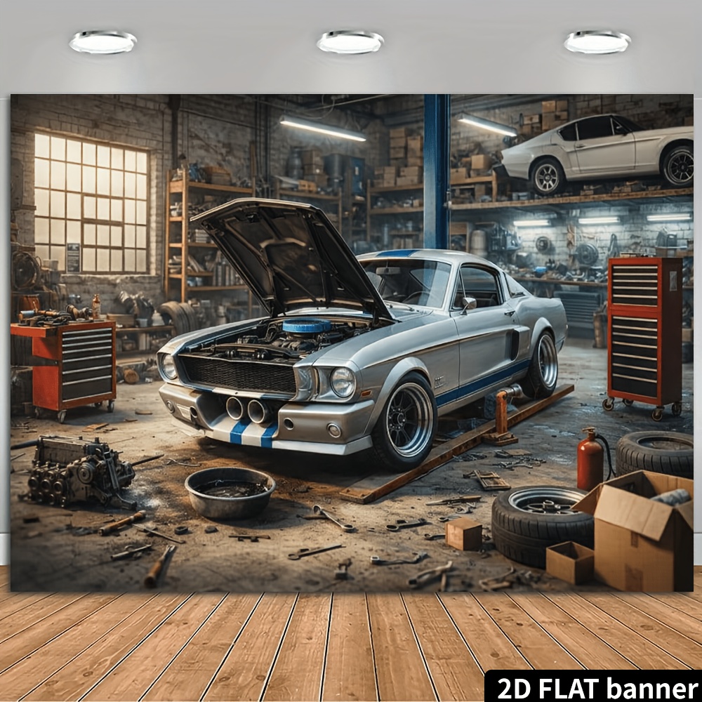 2D平面のレトロな自動車修理工場の銀色のスポーツカーの背景布 - Auto Repair Shop Background のレビューと価格